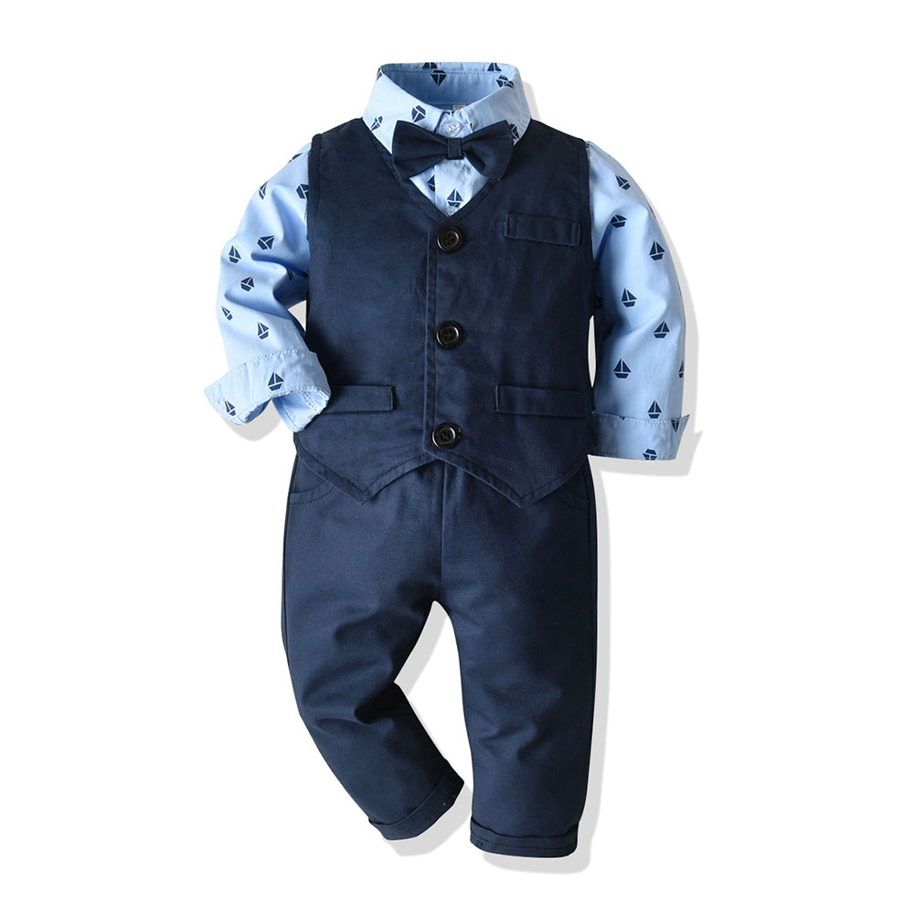 Kids boy Navy Sailboat party set formal set with vest white shirt