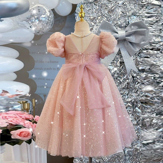 Kids Girl Luxury Glitter Dusty Rose Pink Fashion Party dress flower girl