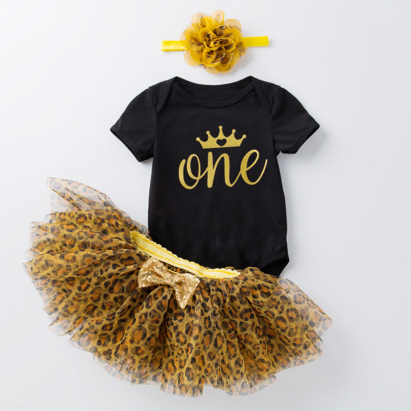 Baby Girl One year old Leopard print Dress Jumpsuit tutu style three-piece