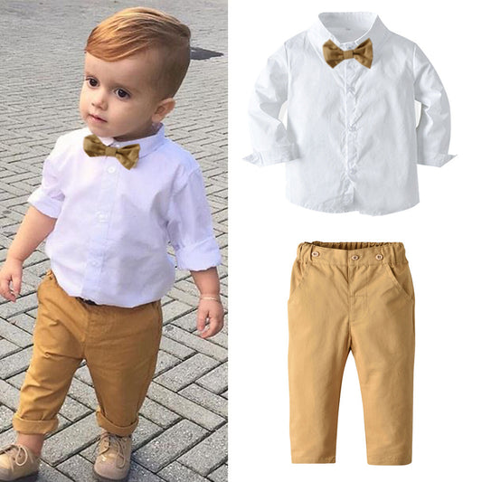 Kids boy Brown bow tie party set formal set white shirt Long sleeves pants