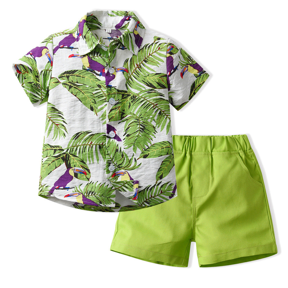 Kids Green Palm bird printed shirt boy formal party set birthday party set with white shorts 2024