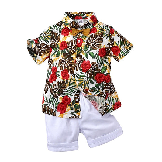 Kids Red Flowers printed shirt boy formal party set birthday party set with white shorts Sale