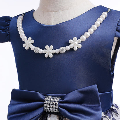 Toddler/ Kids Girl Formal navy Party dress embroidered mesh dress pearl chain dress