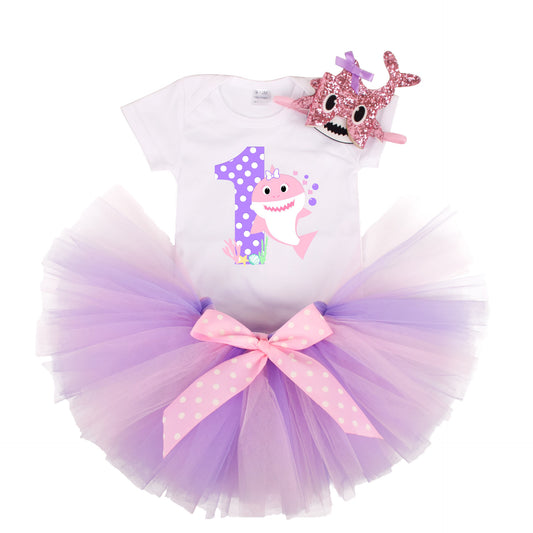 Girl One year old pink purple Shark birthday Dress tutu style