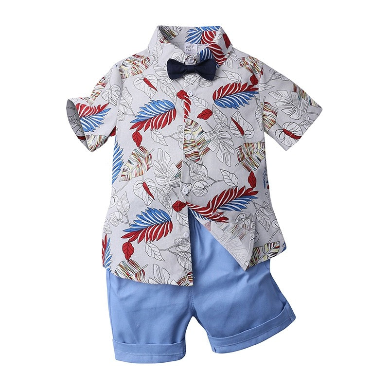 Kids Palm printed shirt boy formal party set birthday party set with white shorts 2024