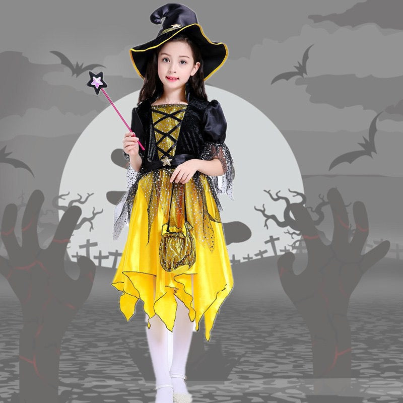 Kids Girl Halloween Shining Witch yellow Dress