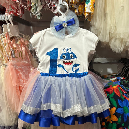 Girl One year old blue Shark birthday Dress tutu style