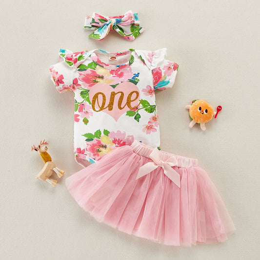 Girl One year old pink flowers birthday Dress tutu style