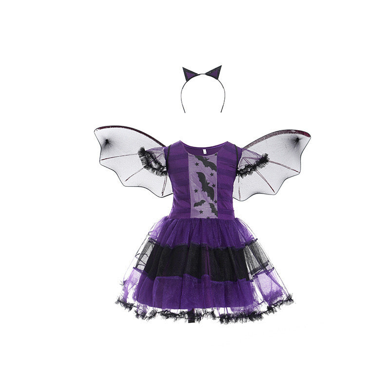 Kids Girl Halloween Shining Witch Purple Dress with Wings