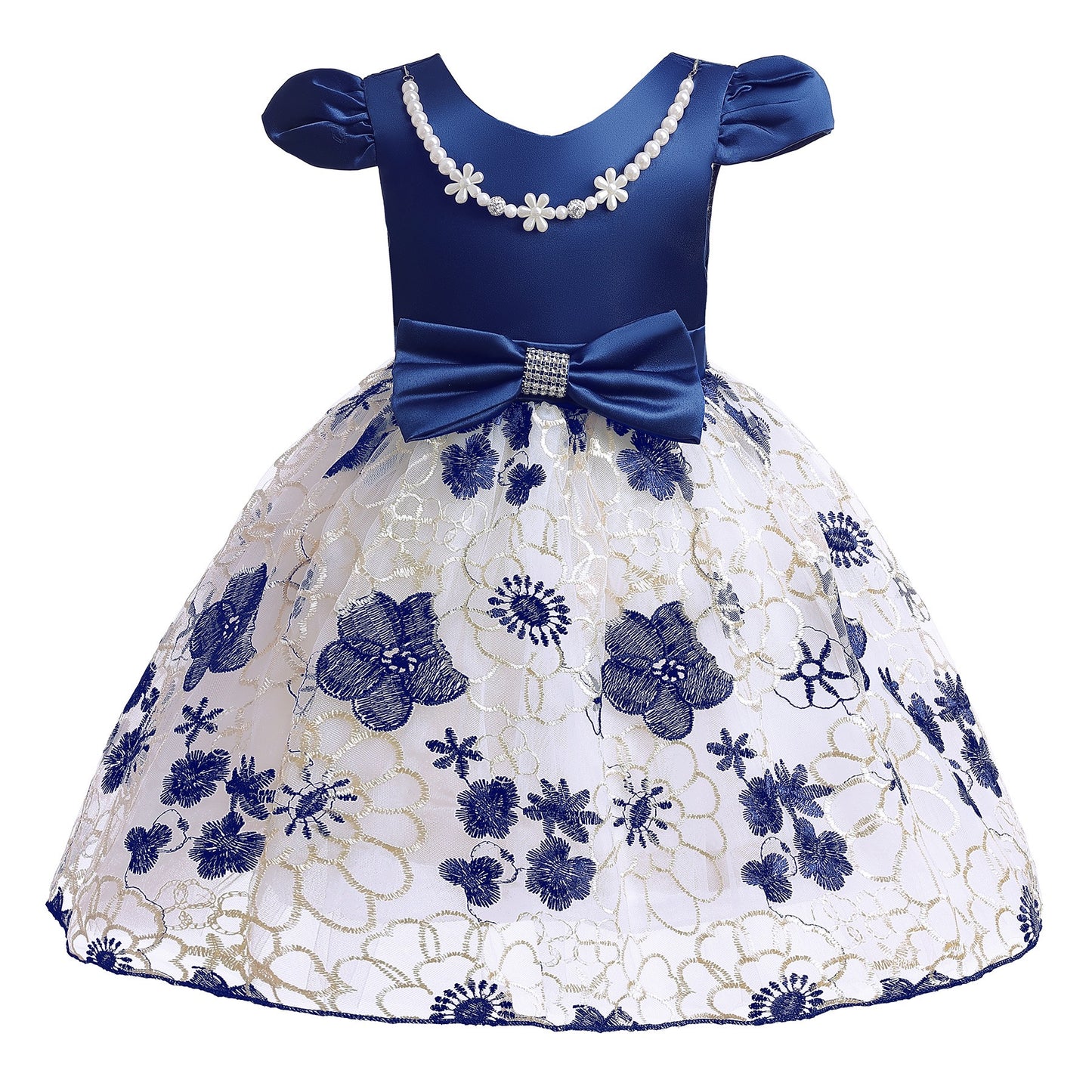 Toddler/ Kids Girl Formal navy Party dress embroidered mesh dress pearl chain dress