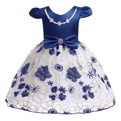 Toddler/ Kids Girl Formal navy Party dress embroidered mesh dress pearl chain dress