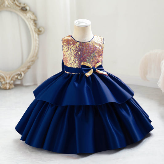 Kids Girl Glitter Formal dress Party dress sleeveless Navy Blue