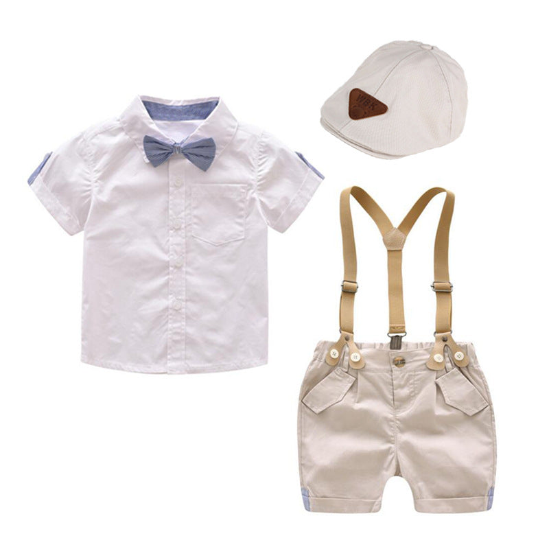 Baby Toddler kids boy white formal set party set shirt short with bow tie suspenders