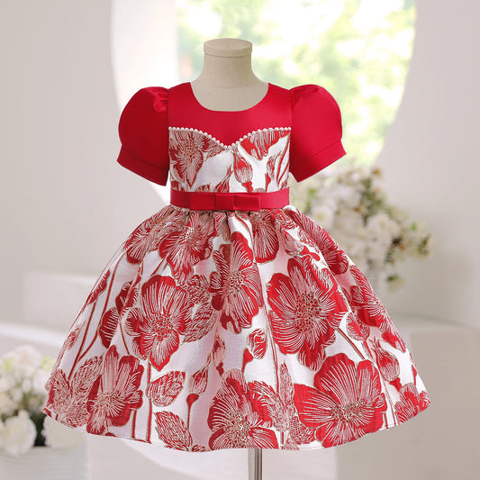 Toddler/ Kids Girl Red Pearl Gold Flower princess dress Party Dress