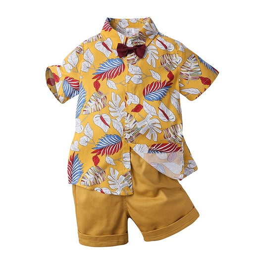 Kids Orange Palm printed shirt boy formal party set birthday party set with white shorts 2024