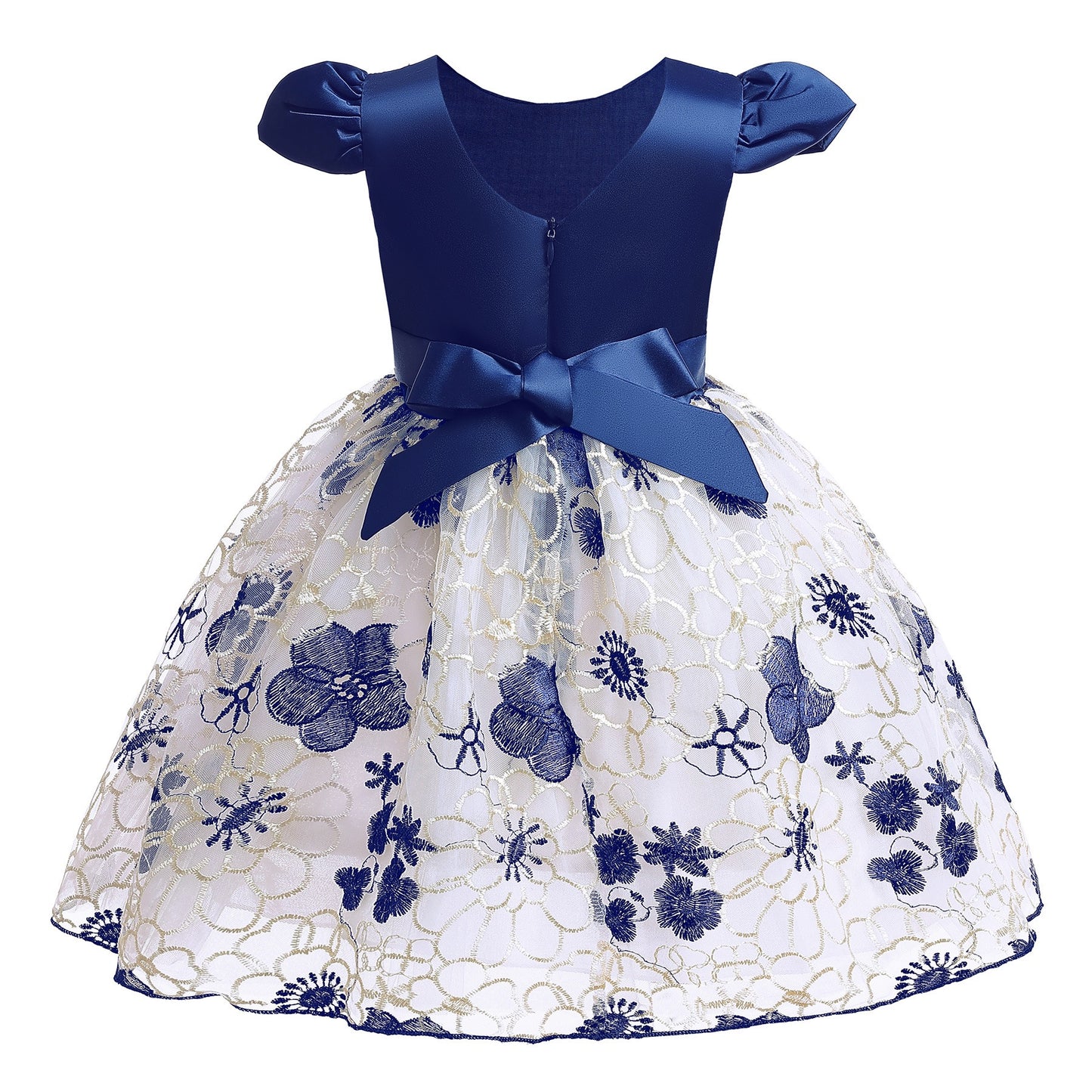 Toddler/ Kids Girl Formal navy Party dress embroidered mesh dress pearl chain dress