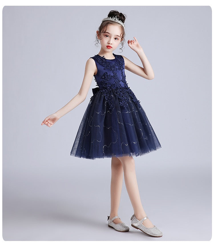 Kids Girl Navy Blue pearls Fashion Party dress sleeveless