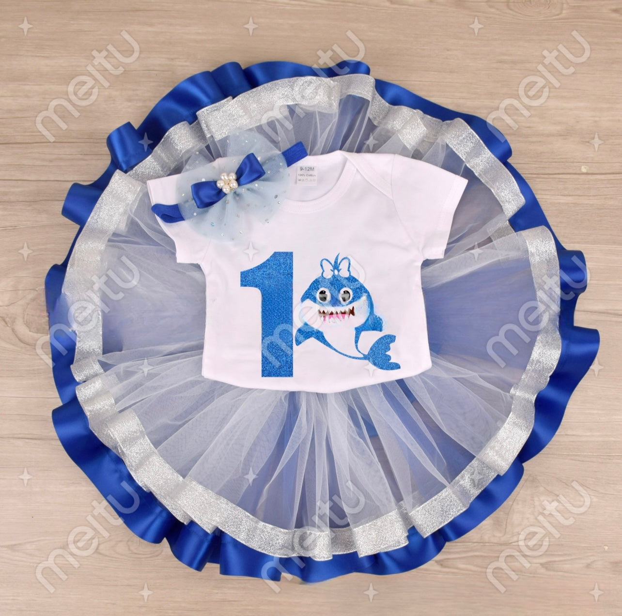 Girl One year old blue Shark birthday Dress tutu style