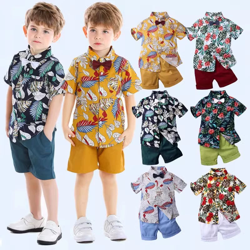 Kids Orange Palm printed shirt boy formal party set birthday party set with white shorts 2024