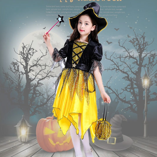 Kids Girl Halloween Shining Witch yellow Dress