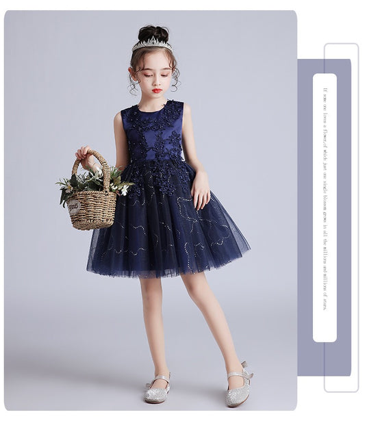 Kids Girl Navy Blue pearls Fashion Party dress sleeveless