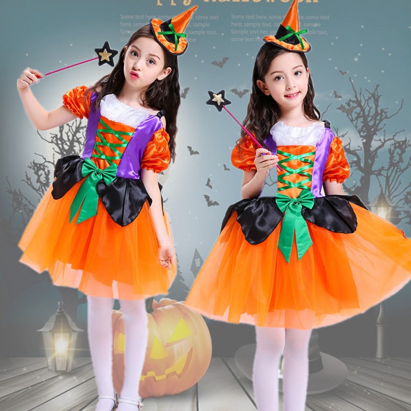 Kids Girl Halloween Shining Witch Orange Dress