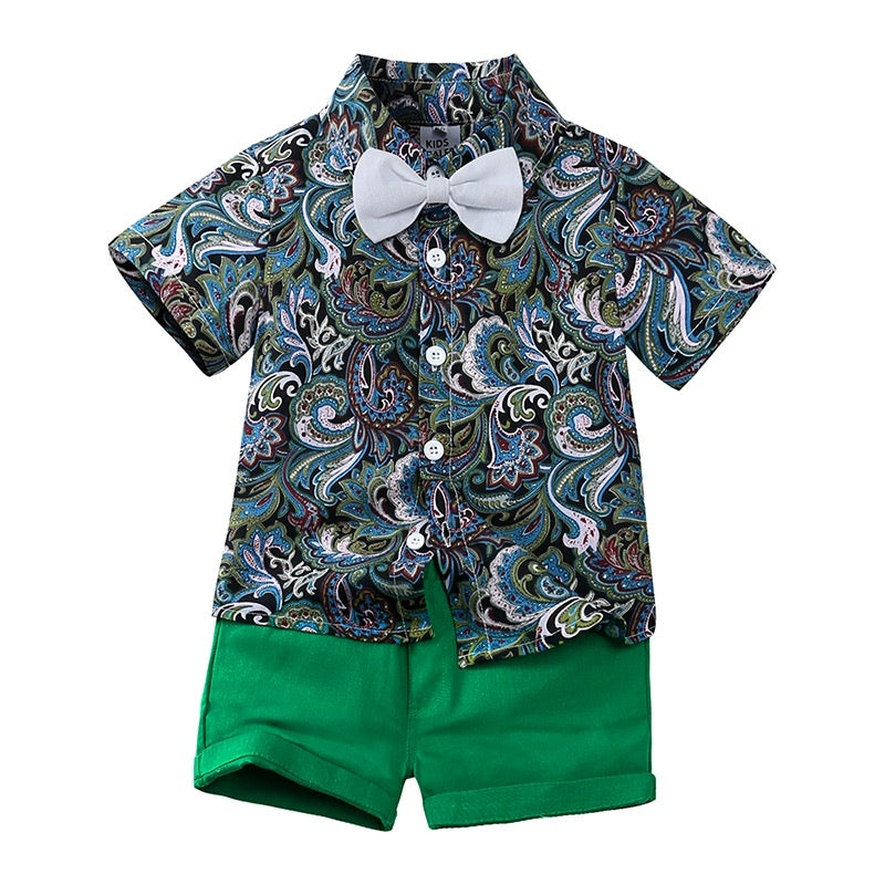 Kids boy Green formal party set birthday party set with white shorts 2024