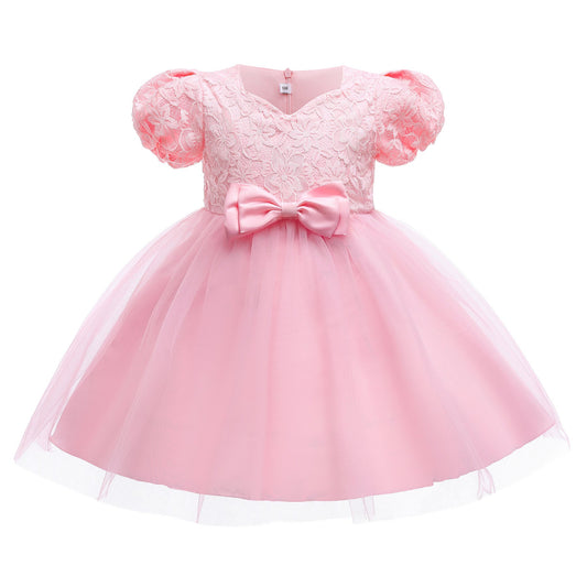 Kids Girl Pink birthday princess dress bubble sleeve flower Party Dress Sale