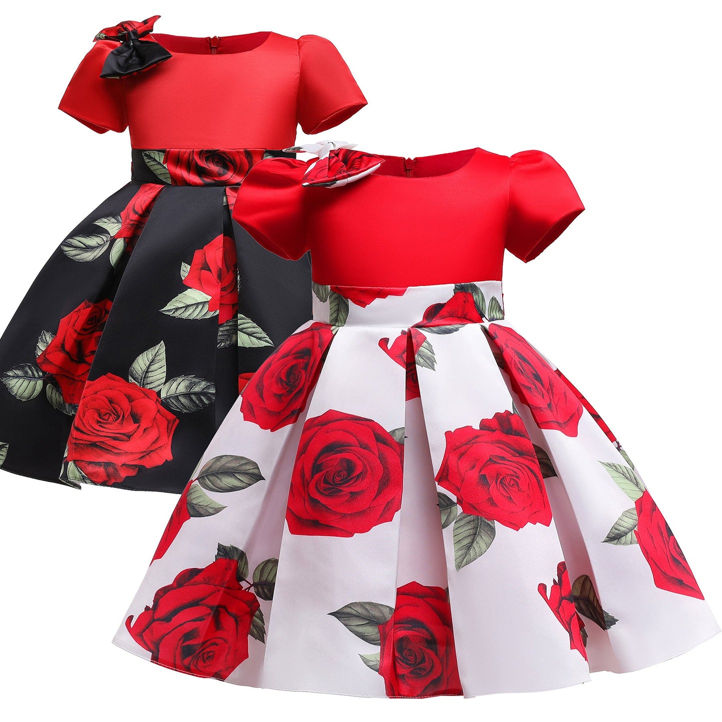 Toddler/ Kids Girl Rose Floral Print Pleated Costume Black Party dress sale