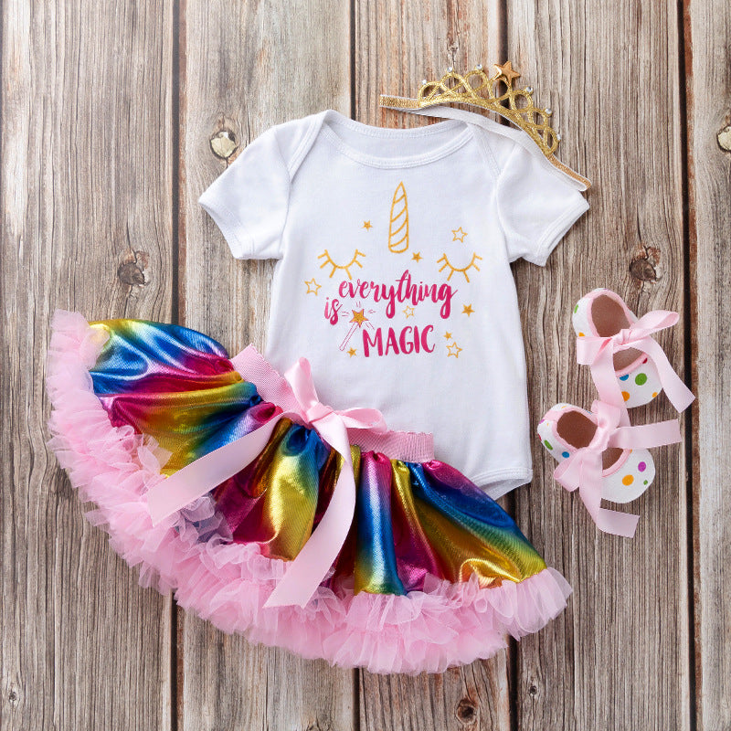 Baby toddler girl cartoon horse fashion rainbow dress tutu dress