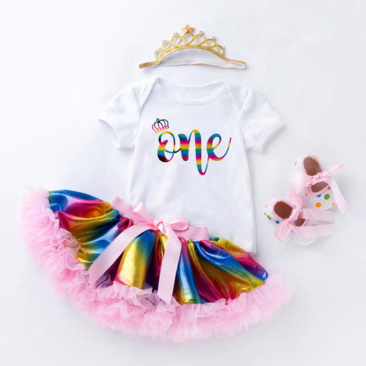 Baby toddler girl Rainbow One year old fashion rainbow dress tutu dress petticoat suit Rainbow One Tutu style