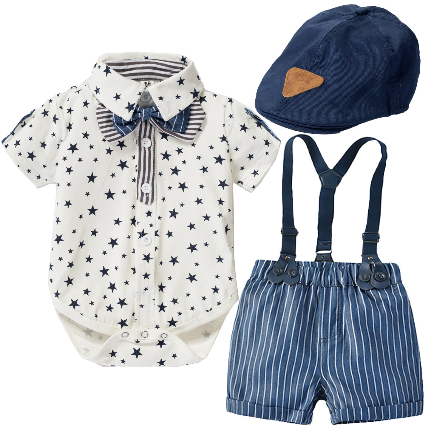 Baby boy Party set formal set one year old boy gentleman suit summer star Jumpsuit+short+striped+bow tie+hat