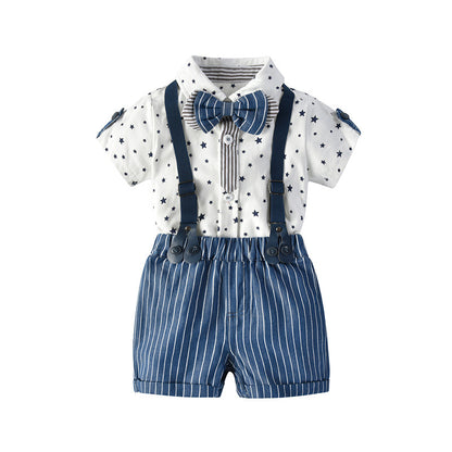 Baby boy Party set formal set one year old boy gentleman suit summer star Jumpsuit+short+striped+bow tie+hat