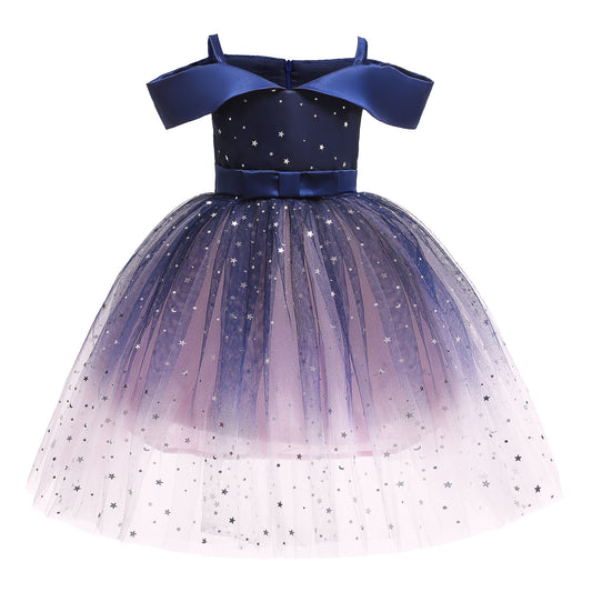 Kids Girl Stars Blue Sky Shining Navy Blue Formal Dress Party Dress Sale