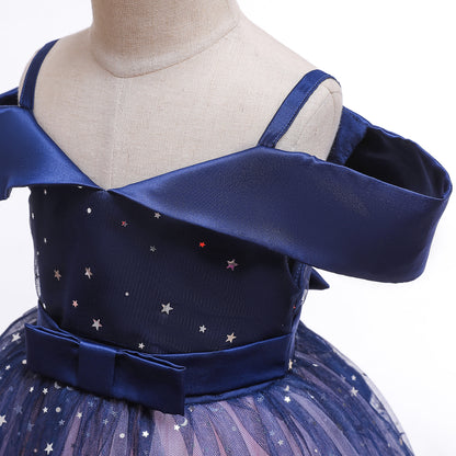 Kids Girl Stars Blue Sky Shining Navy Blue Formal Dress Party Dress Sale