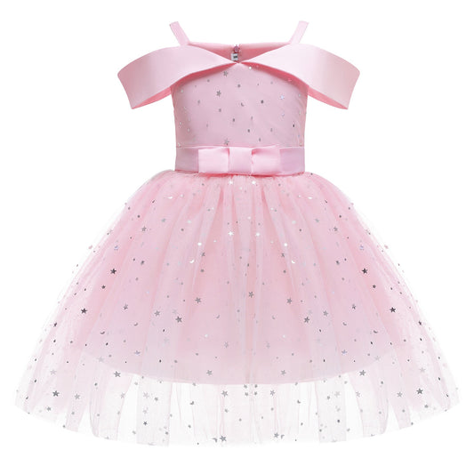 Kids Girl Stars Shining Pink Formal Dress Party Dress