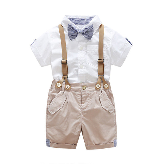 Baby Toddler kids boy white formal set party set shirt short with bow tie suspenders