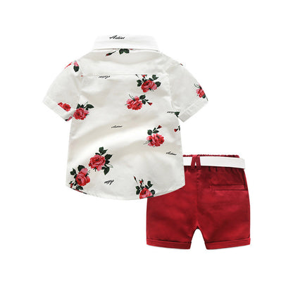 Kids red rose printed shirt boy formal party set birthday party set