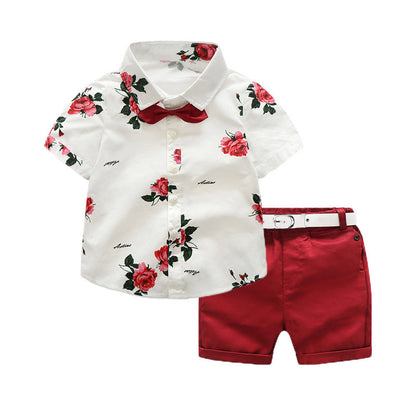 Kids red rose printed shirt boy formal party set birthday party set