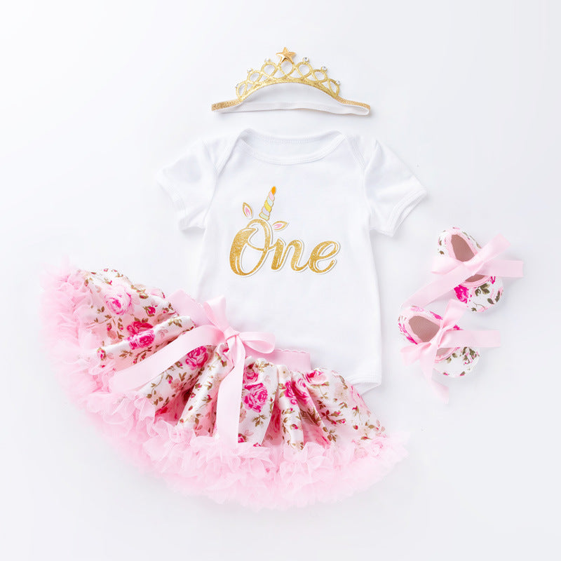 Baby girl one year old birthday Flower for you fashion rainbow dress petticoat suit Flower one Tutu style