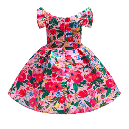 Kids Girl birthday princess dress flower color Party Dress color printing flying sleeve Sale