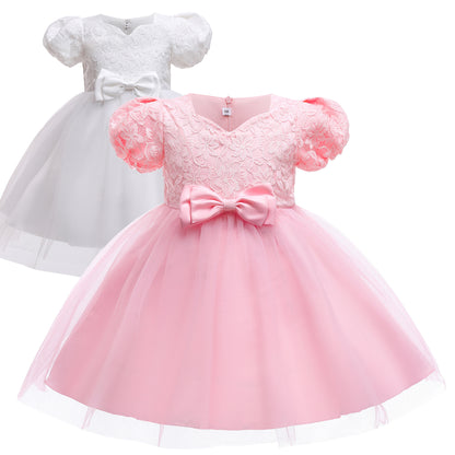 Kids Girl Plain White birthday princess dress bubble sleeve flower Party Dress