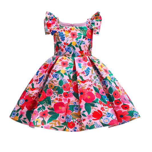 Kids Girl birthday princess dress flower color Party Dress color printing flying sleeve Sale