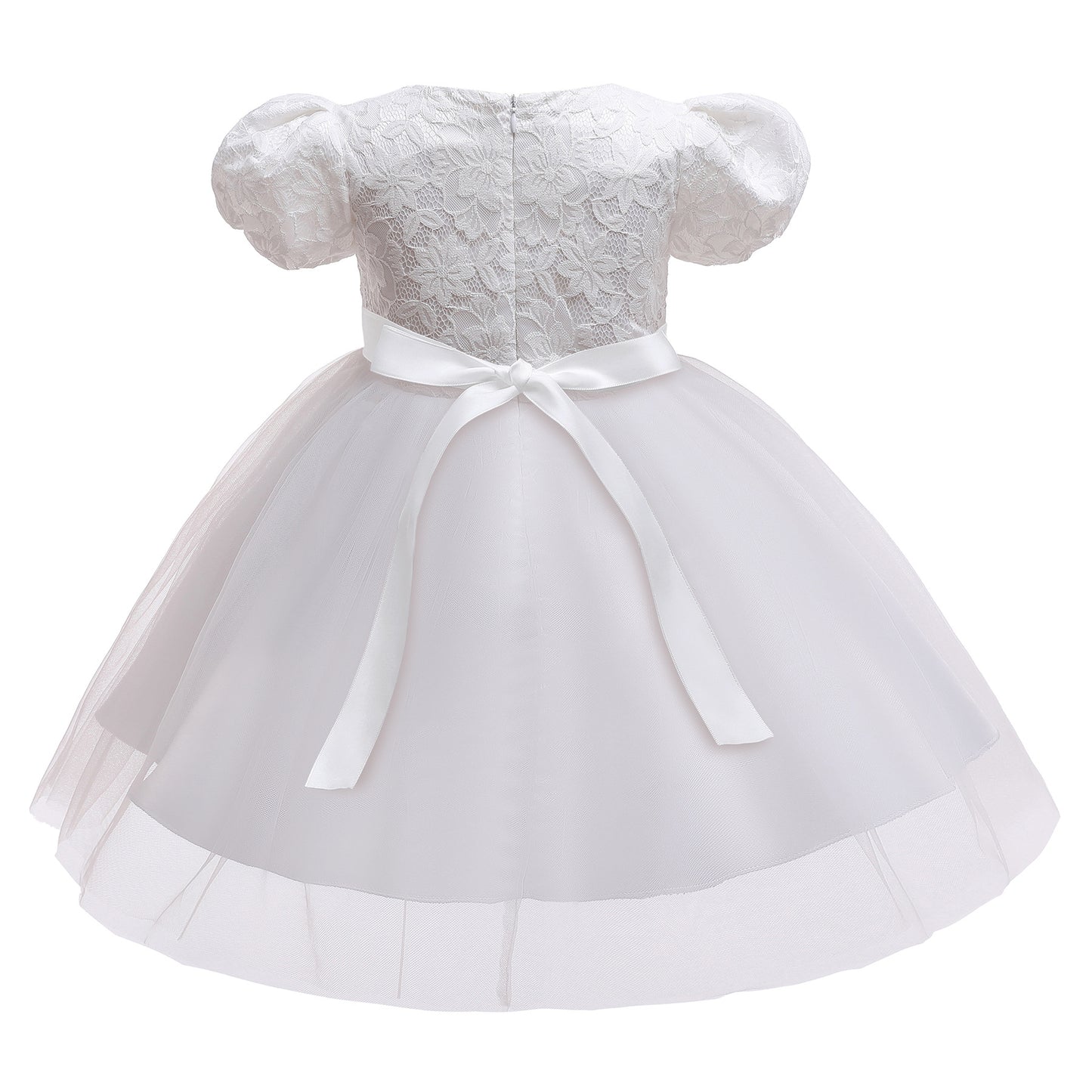 Kids Girl Plain White birthday princess dress bubble sleeve flower Party Dress