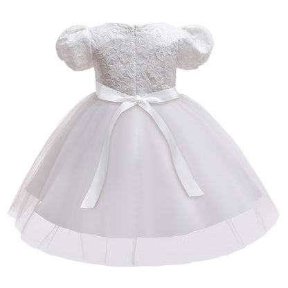 Kids Girl Plain White birthday princess dress bubble sleeve flower Party Dress