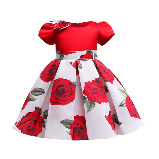 Toddler/ Kids Girl Rose Floral Print Pleated Costume White Party dress