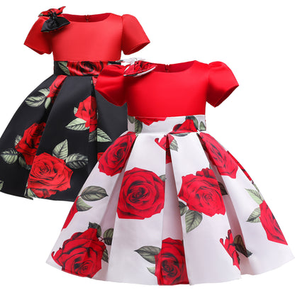 Toddler/ Kids Girl Rose Floral Print Pleated Costume White Party dress