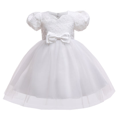 Kids Girl Plain White birthday princess dress bubble sleeve flower Party Dress