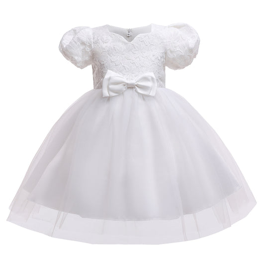 Kids Girl Plain White birthday princess dress bubble sleeve flower Party Dress