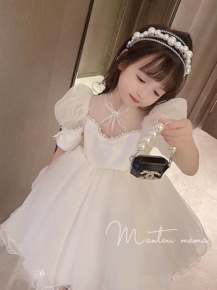 Toddler Kids girl White pearl party formal dress